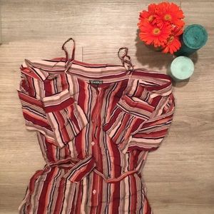 Striped Off The Shoulder Collared Dress
